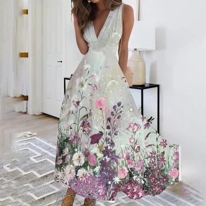 Sleeveless V-neck Floral Dresses - Image 4