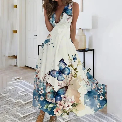 Sleeveless V-neck Floral Dresses - Image 3