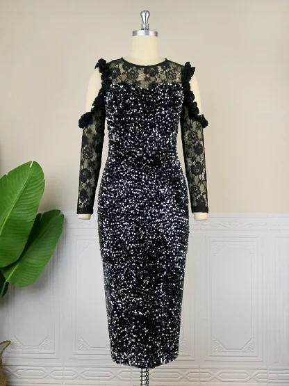 Sequin Long Sleeve Floral Dress - Image 3