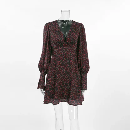 Deep V-neck Long Sleeve Floral Dress - Image 5