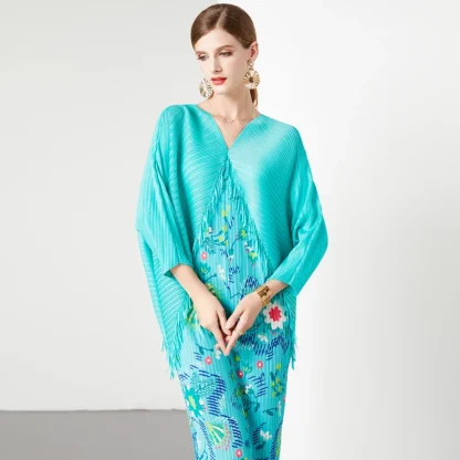 Pleated V-neck Floral Dress
