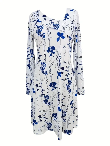 Asymmetrical Collar Floral Dress - Image 3