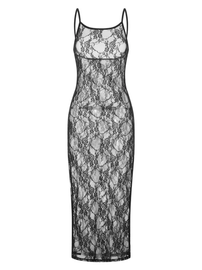 Black Sheer Lace Floral Dress - Image 4