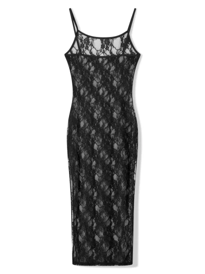 Black Sheer Lace Floral Dress