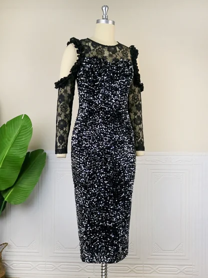 Sequin Long Sleeve Floral Dress - Image 2