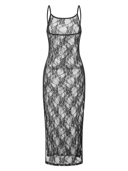 Black Sheer Lace Floral Dress - Image 3