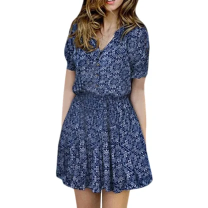 Elastic Waist V-neck Floral Dress