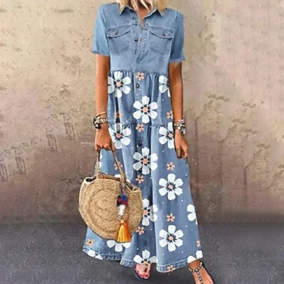 Turn Down Collar Denim Floral Dress