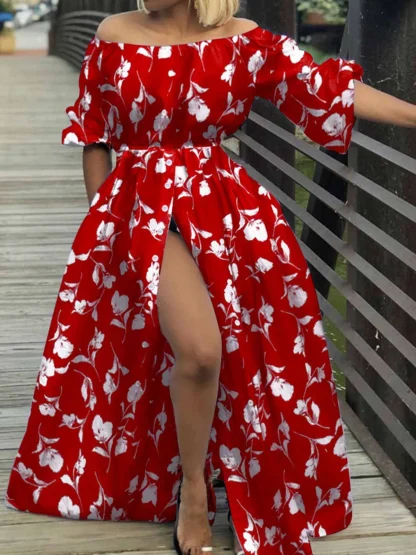 Off-shoulder High Slit Floral Dresses - Image 5