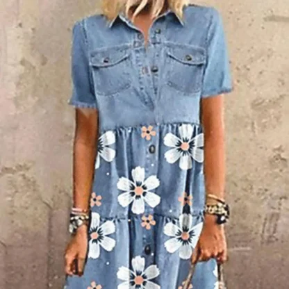 Turn Down Collar Denim Floral Dress - Image 2