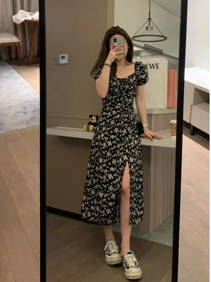 Puff Sleeve Slit Floral Dress - Image 5