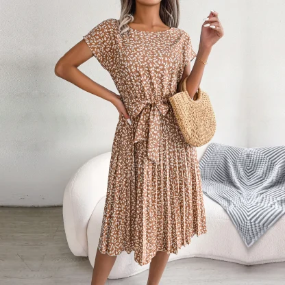 Pleated Waist Tie Floral Dresses - Image 3