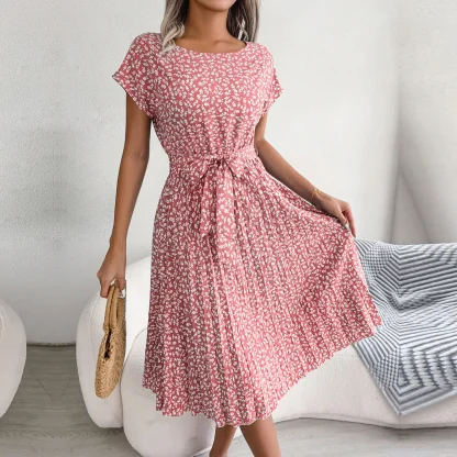 Pleated Waist Tie Floral Dresses - Image 4