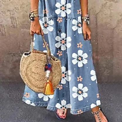 Turn Down Collar Denim Floral Dress - Image 3
