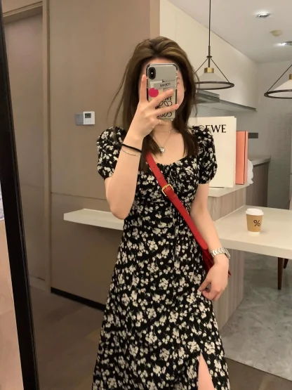 Puff Sleeve Slit Floral Dress - Image 4