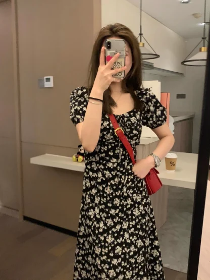 Puff Sleeve Slit Floral Dress - Image 2